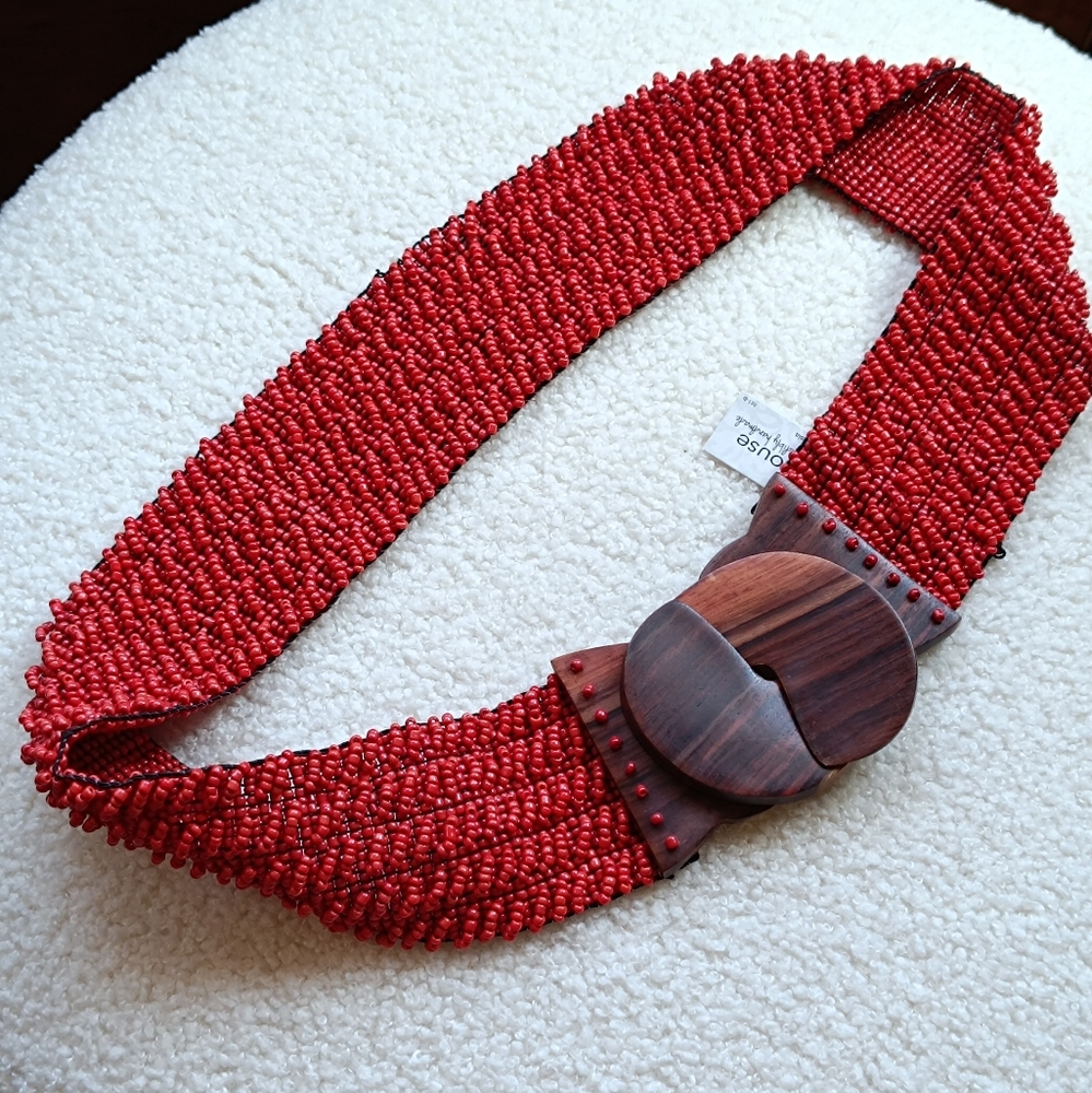 Handcrafted Beaded Stretchable Belt with a Wooden Buckle